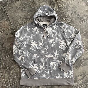 HUF Gray & White Floral Pattern Hoodie Urban Streetwear Grunge Indie Y2K Cozy